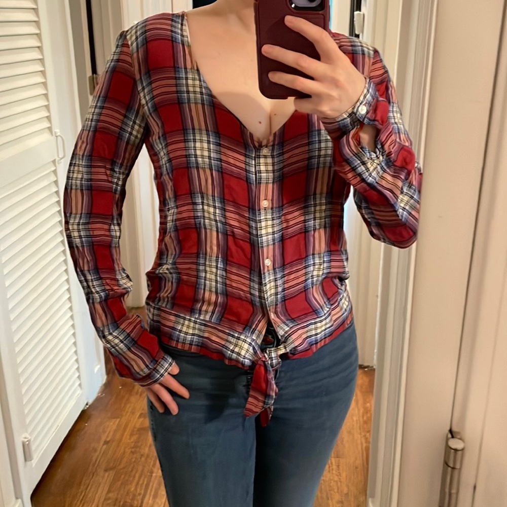 Express tie front button down plaid shirt